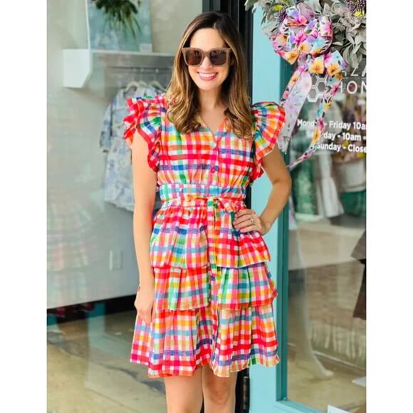 Beulah Style Ruffle Sleeve Gingham Tiered Dress size M - Picture 9 of 11